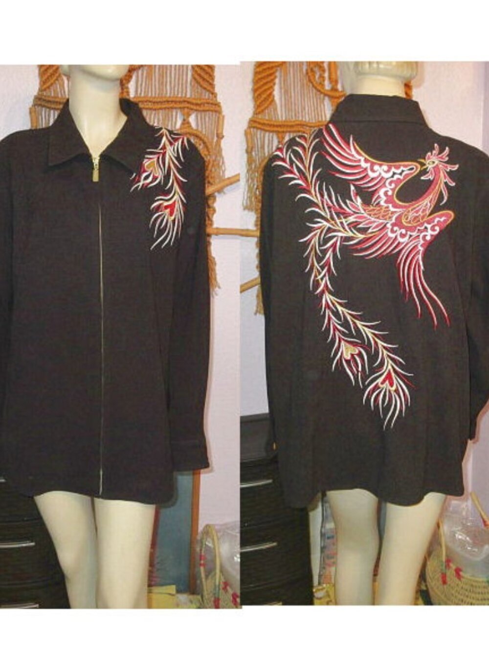 Bob Mackie Wearable Art Faux Suede Phoenix Embroidered Jacket 1X Pockets Bird